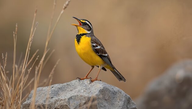 Western meadowlark bird sings on rock. Bright yellow breast plumage contrasts with dark throat markings. Bird has open beak singing tune. Avian wildlife outdoor scene.