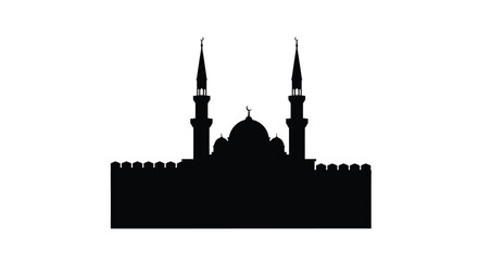 Mosque Silhouette with Minarets and Dome against White Background
