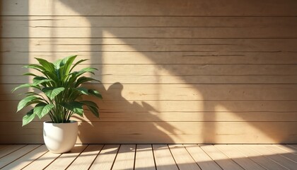 Potted green plant sits on light wood floor in front of wood paneled wall. Sunlight casts shadows creating serene indoor atmosphere. Minimalist decor.