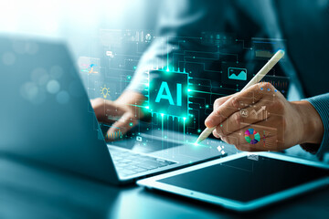 Business professional using digital tablet and stylus interacting with artificial intelligence chip...