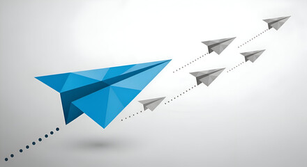 Leadership and Innovation - A Blue Paper Airplane Leading the Way with Followers.