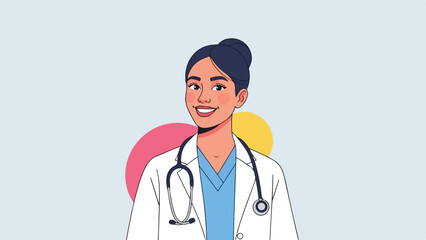 Fototapeta premium Illustration of a smiling doctor, wearing a stethoscope, in a lab coat