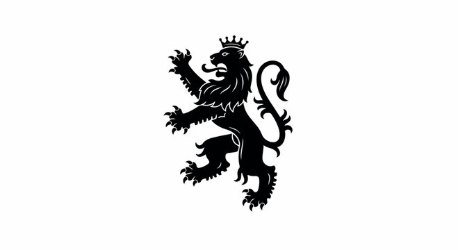 Black silhouette of a lion with a crown on a white background, standing on its hind legs with a raised paw.