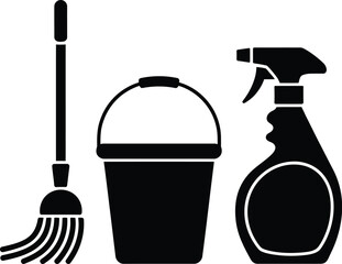 Fototapeta premium A simple black and white illustration depicts common cleaning tools a broom bucket and spray bottle high-quality professional detailed modern