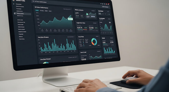 Person analyzing data on a computer screen with various charts and graphs.