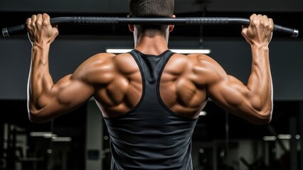 Naklejka premium The muscular back of a man doing a pull-up in a gym.