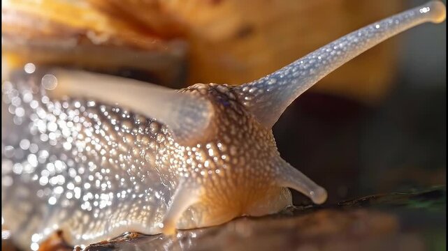 Close-up of a snail showing its eyes and shell in detail.