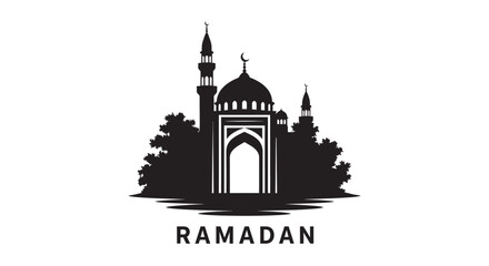 Ramadan Mosque Silhouette with Minarets and Dome in Black Vector Illustration