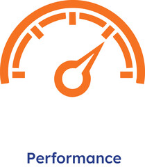 Speedometer needle on orange gauge indicates high performance level with blue text