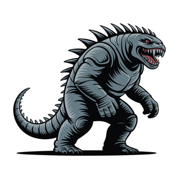 Powerful flat vector illustration of a giant kaiju monster with sharp spikes and lizard features