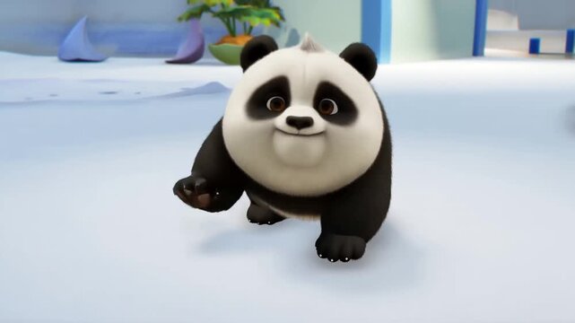 A cute and friendly 3D panda character with a cheerful expression, standing on a clean and minimal background. The cartoon-style design features soft shapes and smooth textures, making it ideal for ch