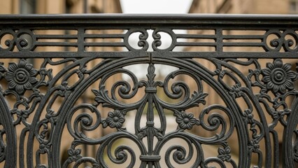 Ornate black wrought iron metalwork on a bridge or balcony.