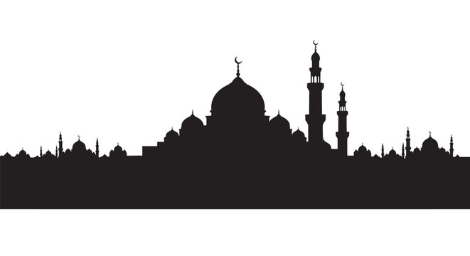 Islamic city skyline silhouette with mosque and minarets on white background