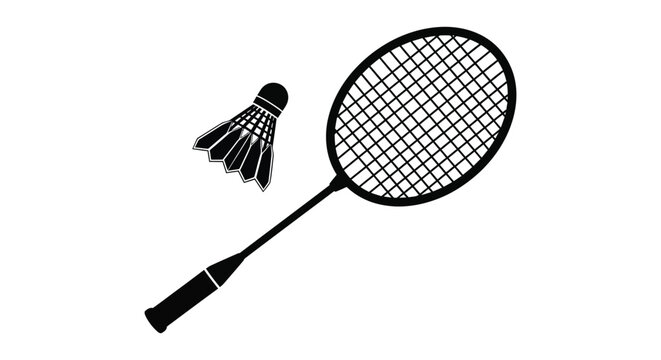 Simple black and white graphic illustration of a badminton racket and shuttlecock