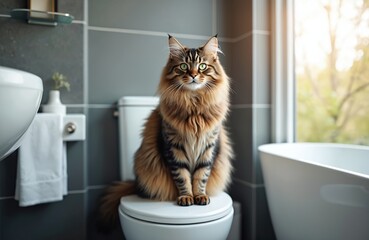 Fluffy tabby cat sits on toilet lid in modern bathroom. This cute pet with green eyes looks curiously at camera, posing in a clean washroom with bathtub and window.