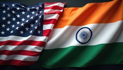 American and Indian national flags intertwined, symbolizing unity and partnership. Waving fabric shows stars, stripes, and chakra emblem representing two nations bond.