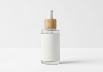 Frosted glass dropper bottle with a natural wooden cap and blank white label, ideal for cosmetic serum or essential oil mockups.