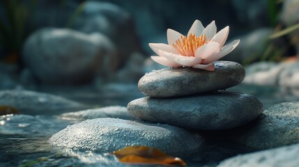 Serene Spa Still Life with Smooth Stones and Delicate Flower, Symbol of Calm and Balance Against Financial Stress