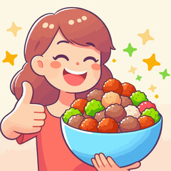 Cartoon illustration of a person carrying a bowl of meatballs with a thumbs up