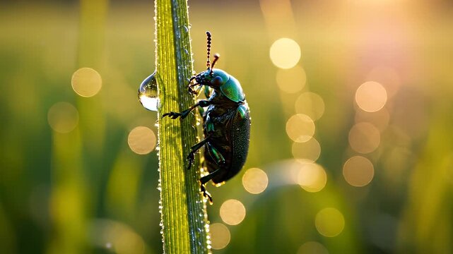 A close-up shot of a beetle on a blade of grass with water droplets.