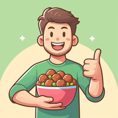 Cartoon illustration of a person carrying a bowl of meatballs with a thumbs up