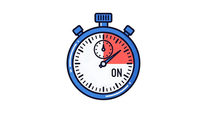 A blue and white stopwatch with red marking and the word on on it against a white background