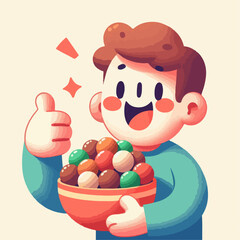 Cartoon illustration of a person carrying a bowl of meatballs with a thumbs up