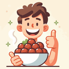 Cartoon illustration of a person carrying a bowl of meatballs with a thumbs up