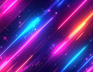 Diagonal neon light streaks across a starlit, dark purple cosmos