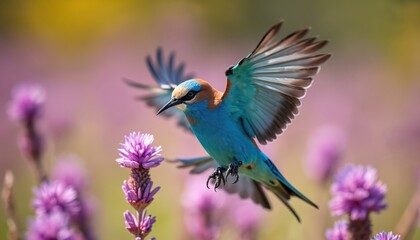 Obraz premium Bright blue bird with brown wings and head hovers near purple flowers. This colourful avian has sharp beak and claws, wings spread wide in flight.