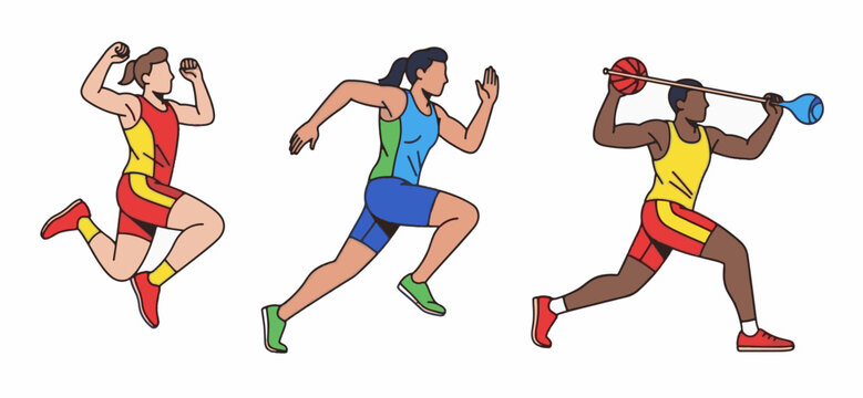 Colorful vector illustration of diverse athletes in action poses