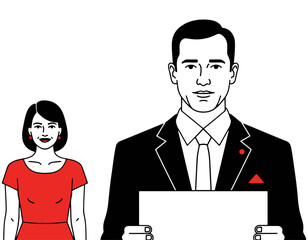 Fototapeta premium Illustration of Business Professionals Holding Blank Sign in Minimalist Style