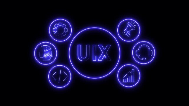 UIX Concept Blue Neon Animation with Business System Icons on Black Background