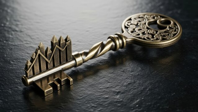 A vintage key with a financial stock chart design.