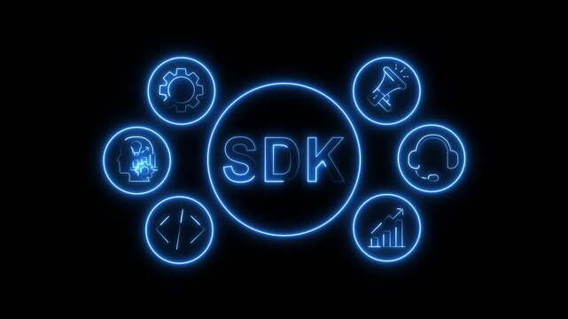 SDK Concept Blue Neon Animation with Business System Icons on Black Background