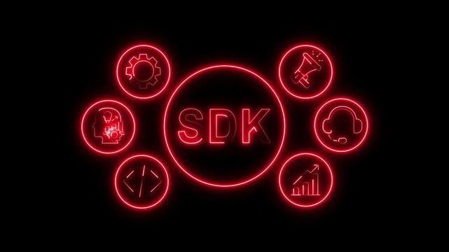 SDK Concept Red Neon Animation with Business System Icons on Black Background