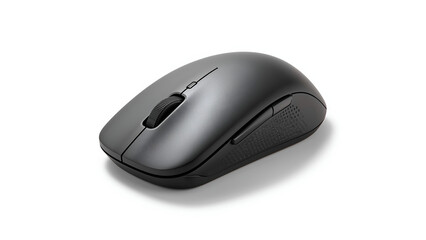 Black wireless computer mouse with scroll wheel on transparent background