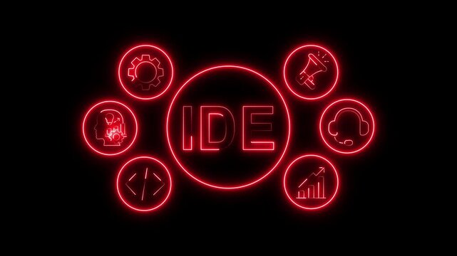 IDE Concept Red Neon Animation with Business System Icons on Black Background