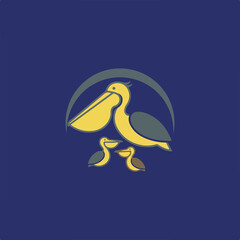 Fototapeta premium A stylized vector illustration depicts a mother pelican nurturing two smaller pelican chicks, set against a dark blue background with a subtle grey arch overhead.