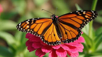 Obraz premium A close-up of a Monarch butterfly on a pink flower with dewdrops.