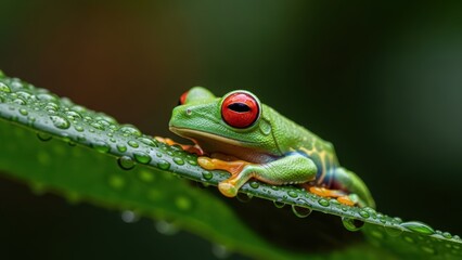Obraz premium A red-eyed tree frog sitting on a wet green leaf.