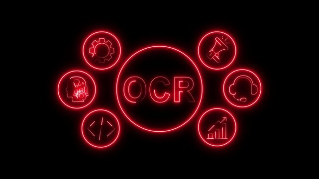 OCR Concept Red Neon Animation with Business System Icons on Black Background