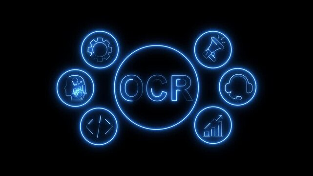 OCR Concept Blue Neon Animation with Business System Icons on Black Background