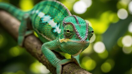 Fototapeta premium A green chameleon on a branch looking at the camera.