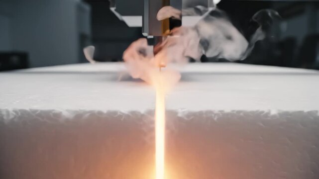 Automated CNC machine cutting white styrofoam block with heated needle creating smoke and glowing orange melt line in factory