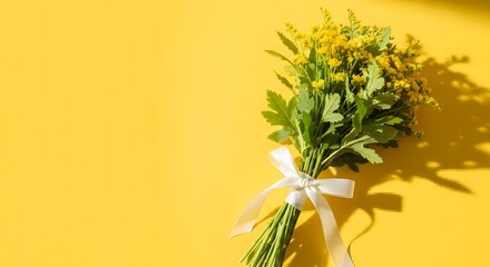 Obraz premium Bouquet of yellow flowers tied with white ribbon on bright yellow background