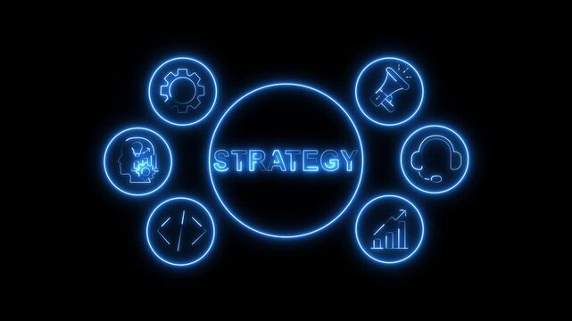 Strategy Business Concept Blue Neon Circular Flow with Analytics, Technology and Management Icons on Black Background