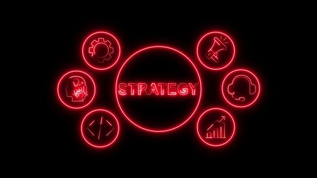 Strategy Business Concept Red Neon Circular Flow with Analytics, Technology and Management Icons on Black Background