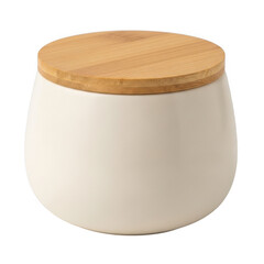 Modern ceramic canister with bamboo lid isolated on transparent background