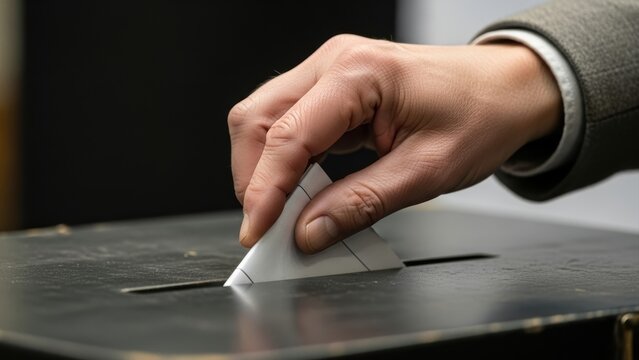 A person's hand casting a vote into a ballot box.